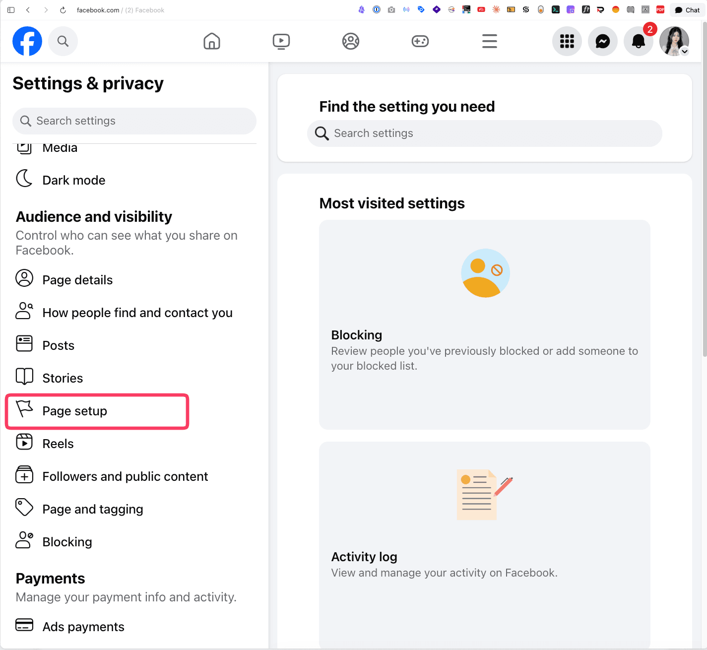 Facebook Settings & privacy menu with Page setup highlighted